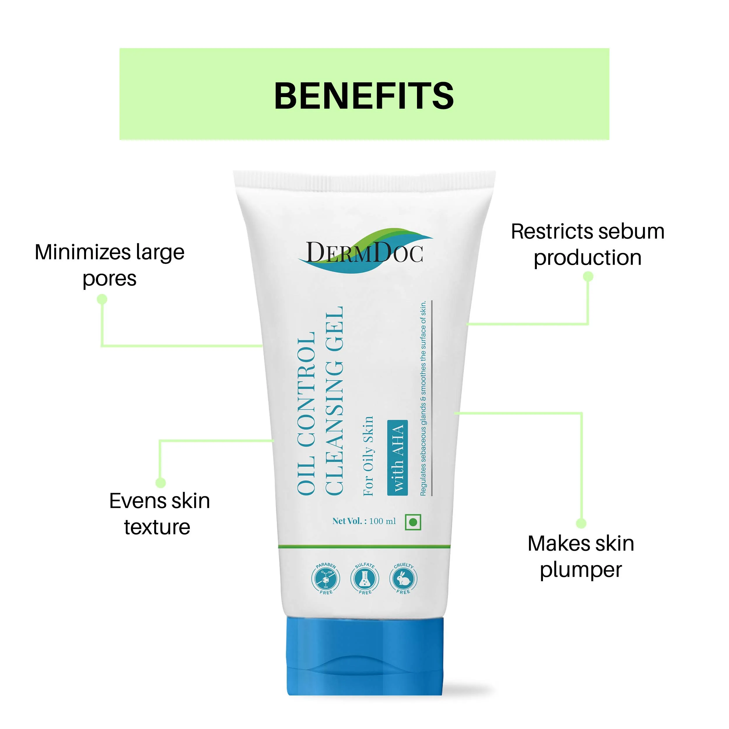 DermDoc Oil Control Cleansing gel with AHA (100 ml) | cleanser | face cleanser | cleanser for oily skin | mild cleanser | aha face wash