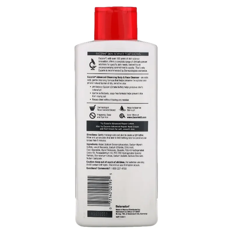 Eucerin Advanced Cleansing Body & Face Cleanser, 500 ml