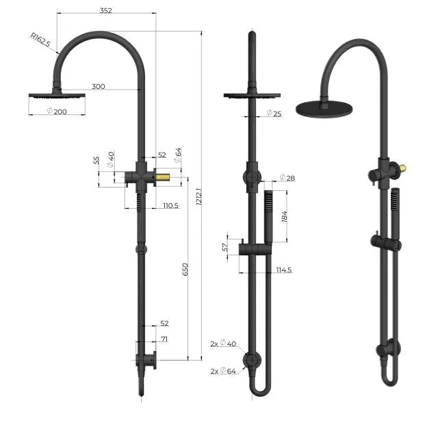 Meir Gooseneck Shower Set with 200mm Rose, Three-Function Hand Shower Shadow
